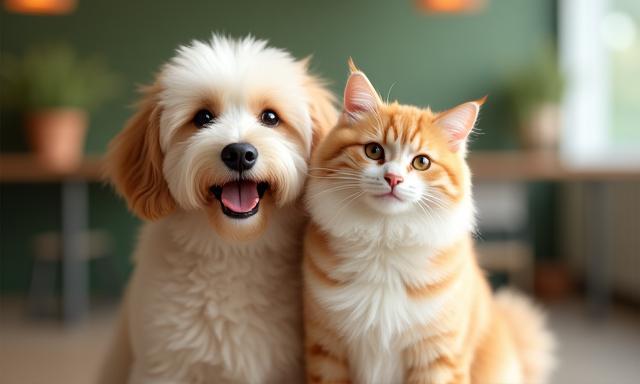 Chien et chat propres et heureux, posant à l’Atelier du Poil