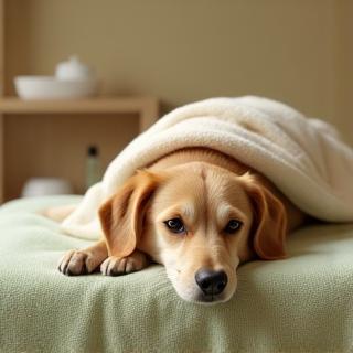 Chien relaxant sur table spa, serviette sur le dos